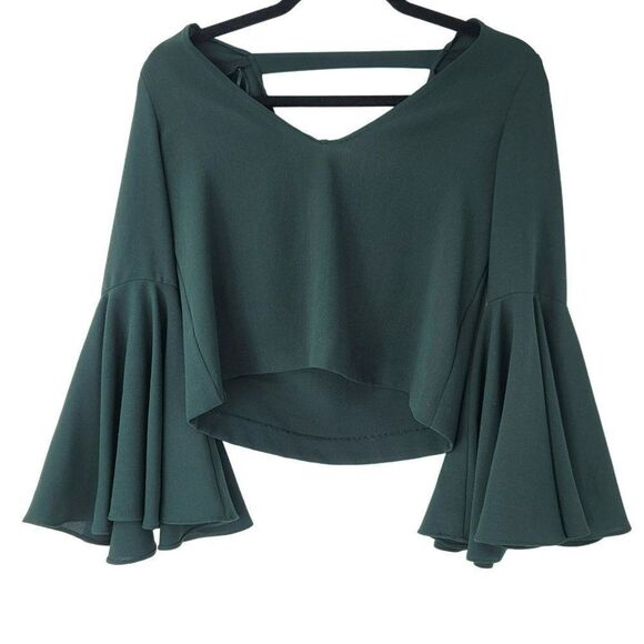 Zara Green Top Blogger Favorite Flare Sleeves Dressy Cut Out Hipster Festival XS - Picture 3 of 5